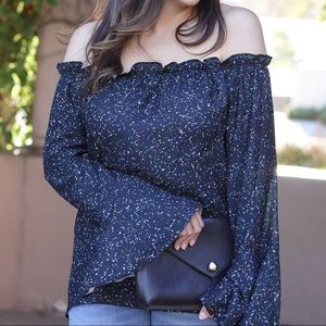 Confetti print off the shoulder bell sleeve top